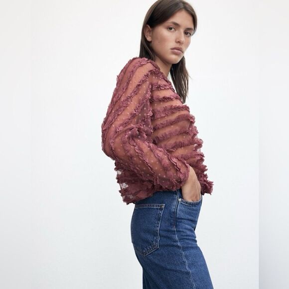 Zara tulle sheer ruffle blouse - Picture 2 of 6